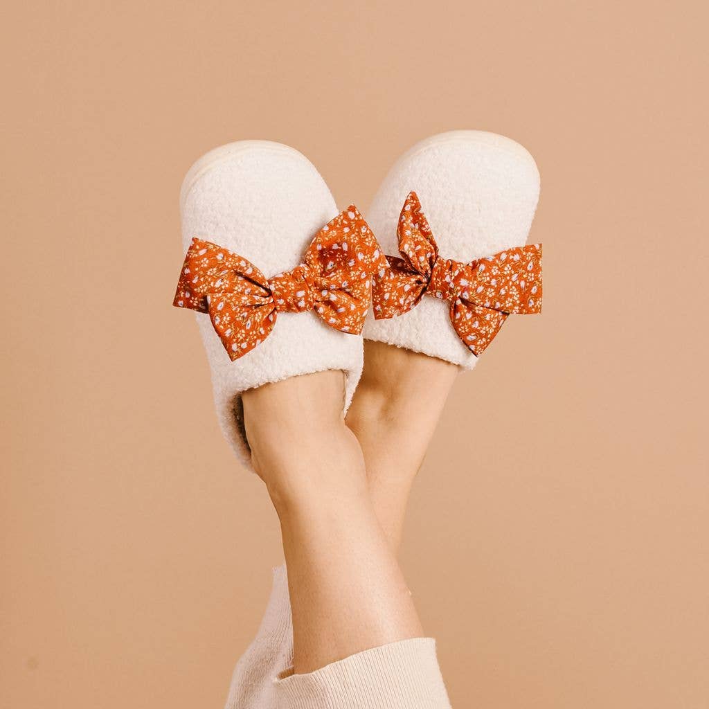 Fall Floral Bow Fuzzy Slippers - Lace and Grace Boutique