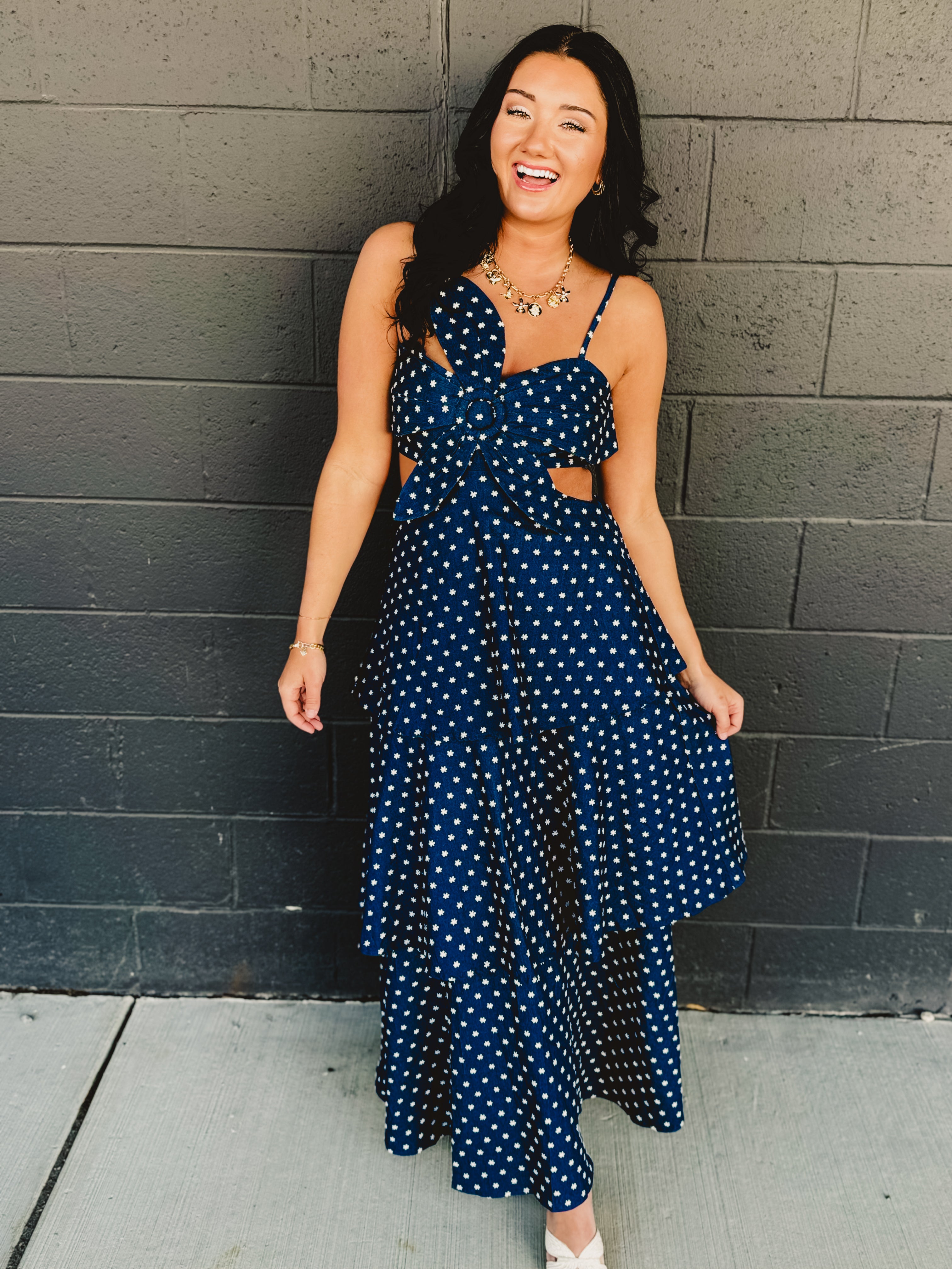Denim Floral Embroidered Tiered Flare Maxi Dress - Lace and Grace Boutique