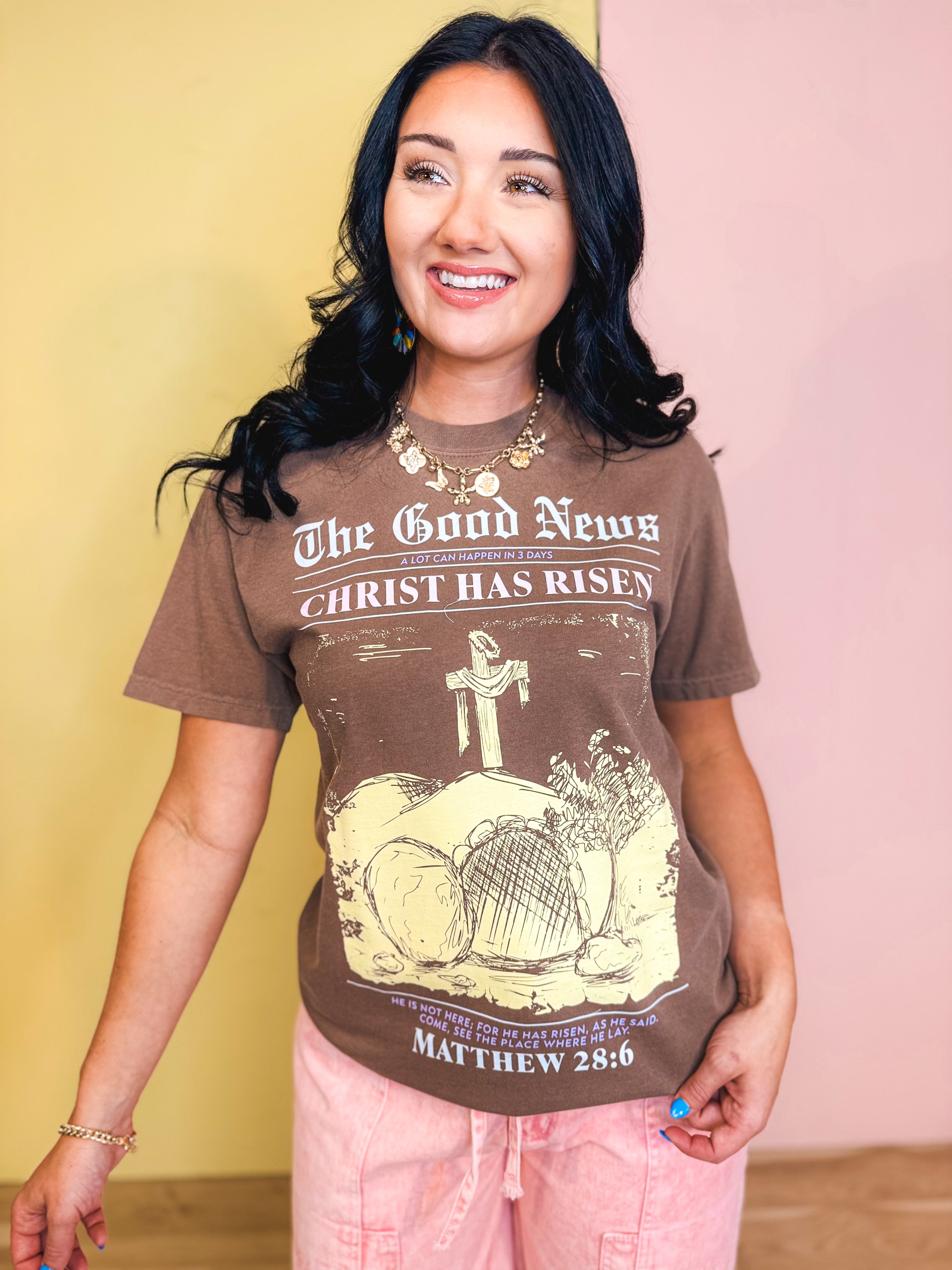 The Good News Graphic Tee - Espresso - Lace and Grace Boutique