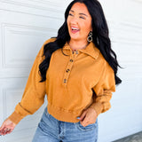 Mineral Washed Button Detail Terry Pullover - Camel