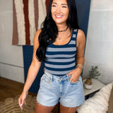 Striped Sleeveless Padded Knit Tank Top - Navy - Lace and Grace Boutique