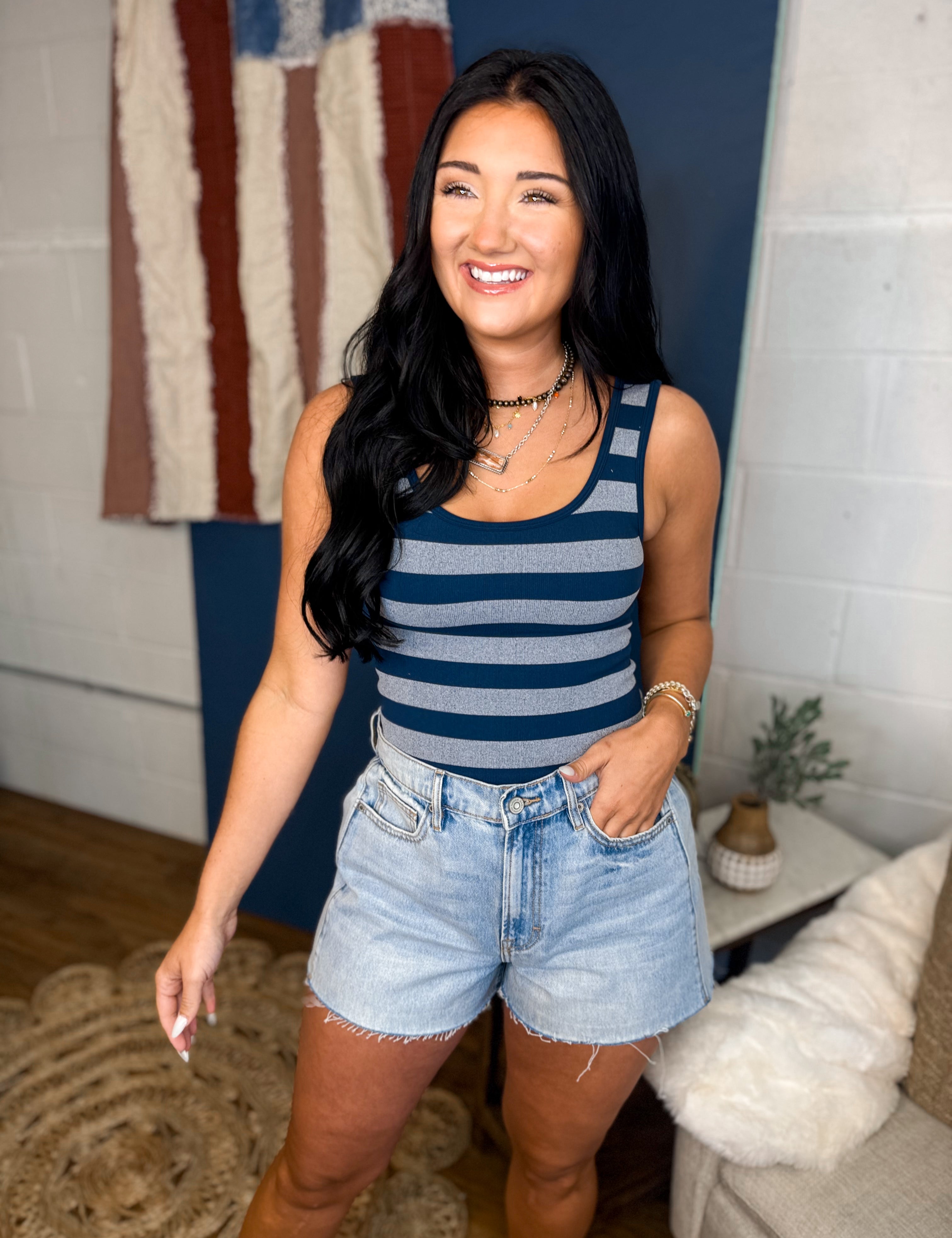 Striped Sleeveless Padded Knit Tank Top - Navy - Lace and Grace Boutique