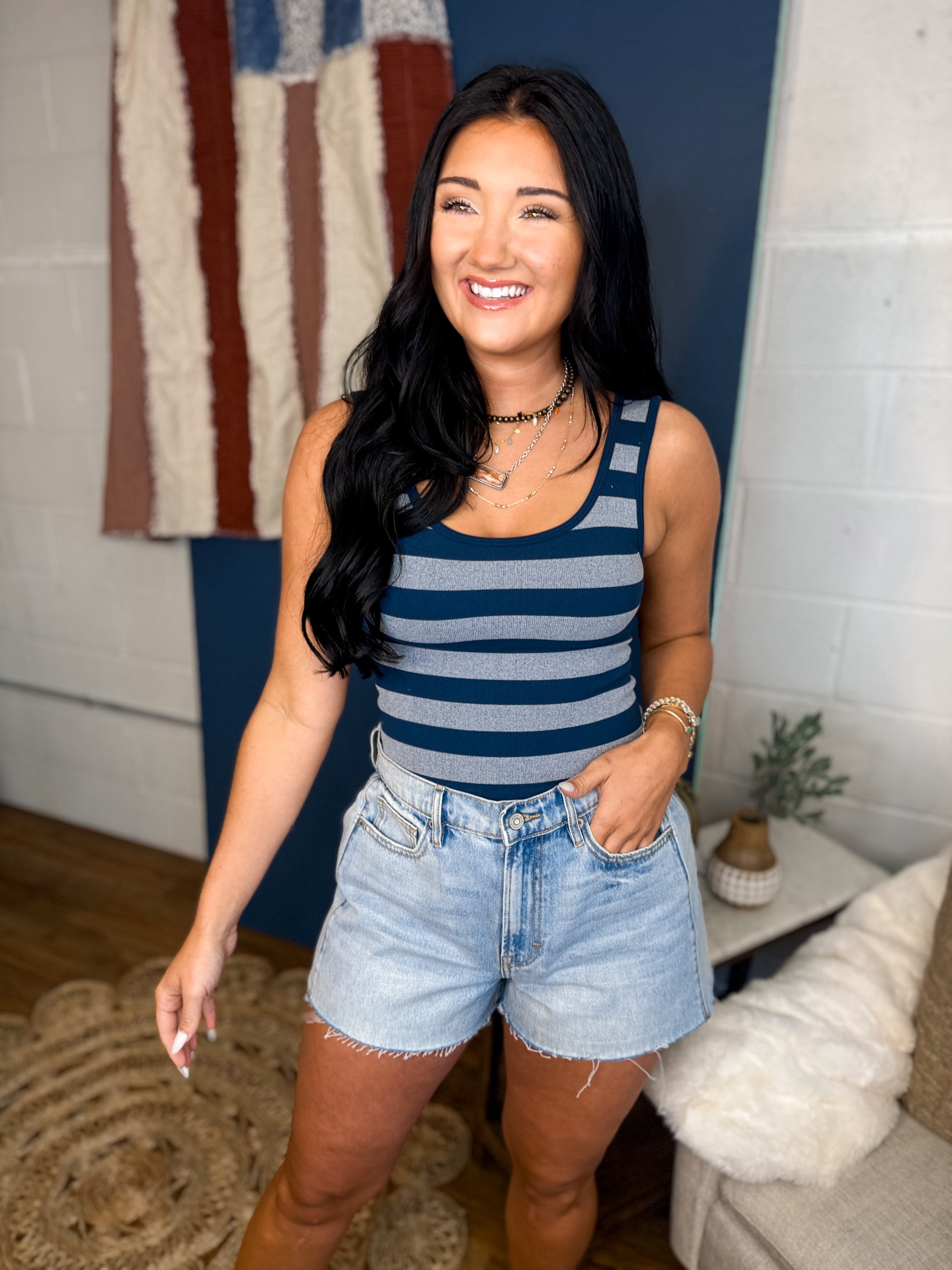 Striped Sleeveless Padded Knit Tank Top - Navy - Lace and Grace Boutique