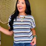 Striped Textured Crop Knit Tweed Top - Blue Combo - Lace and Grace Boutique