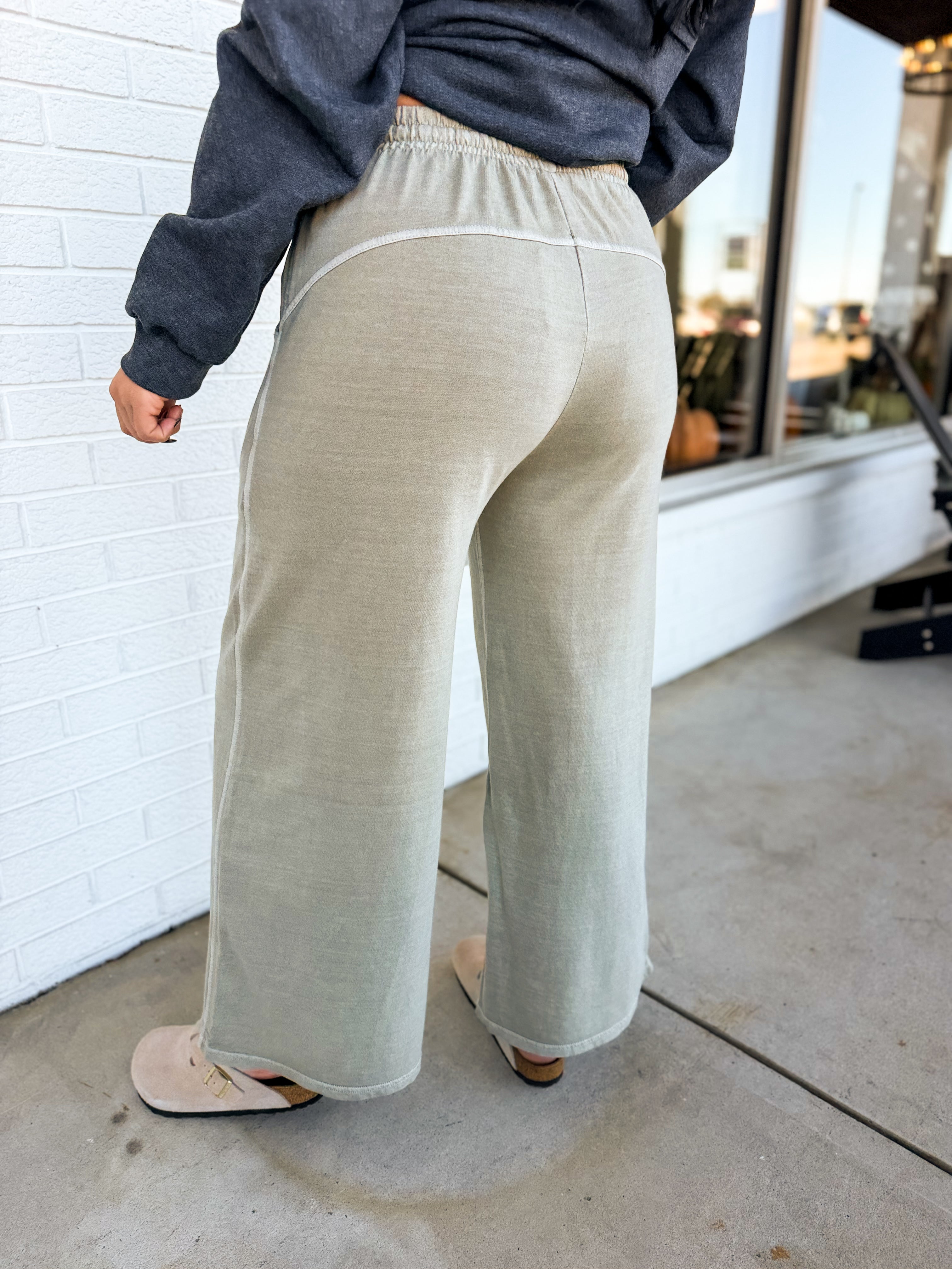 Pigment Wash French Terry Wide Leg Pants - Ash Mocha - Lace and Grace Boutique