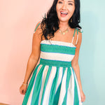 Striped Smocked Top Tie Strap Mini Dress - Green - Lace and Grace Boutique