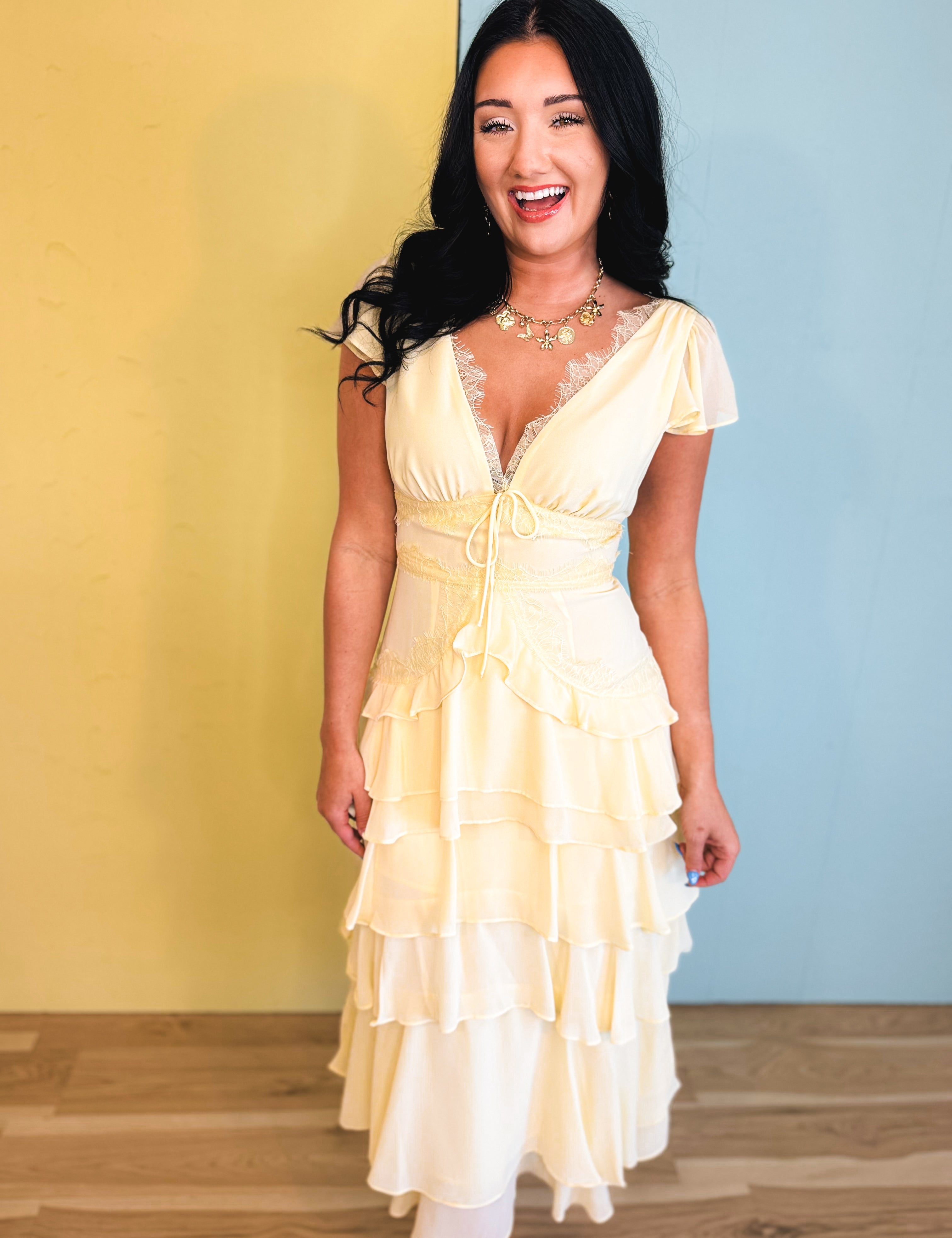 Tiered Ruffle Midi Dress - Yellow - Lace and Grace Boutique