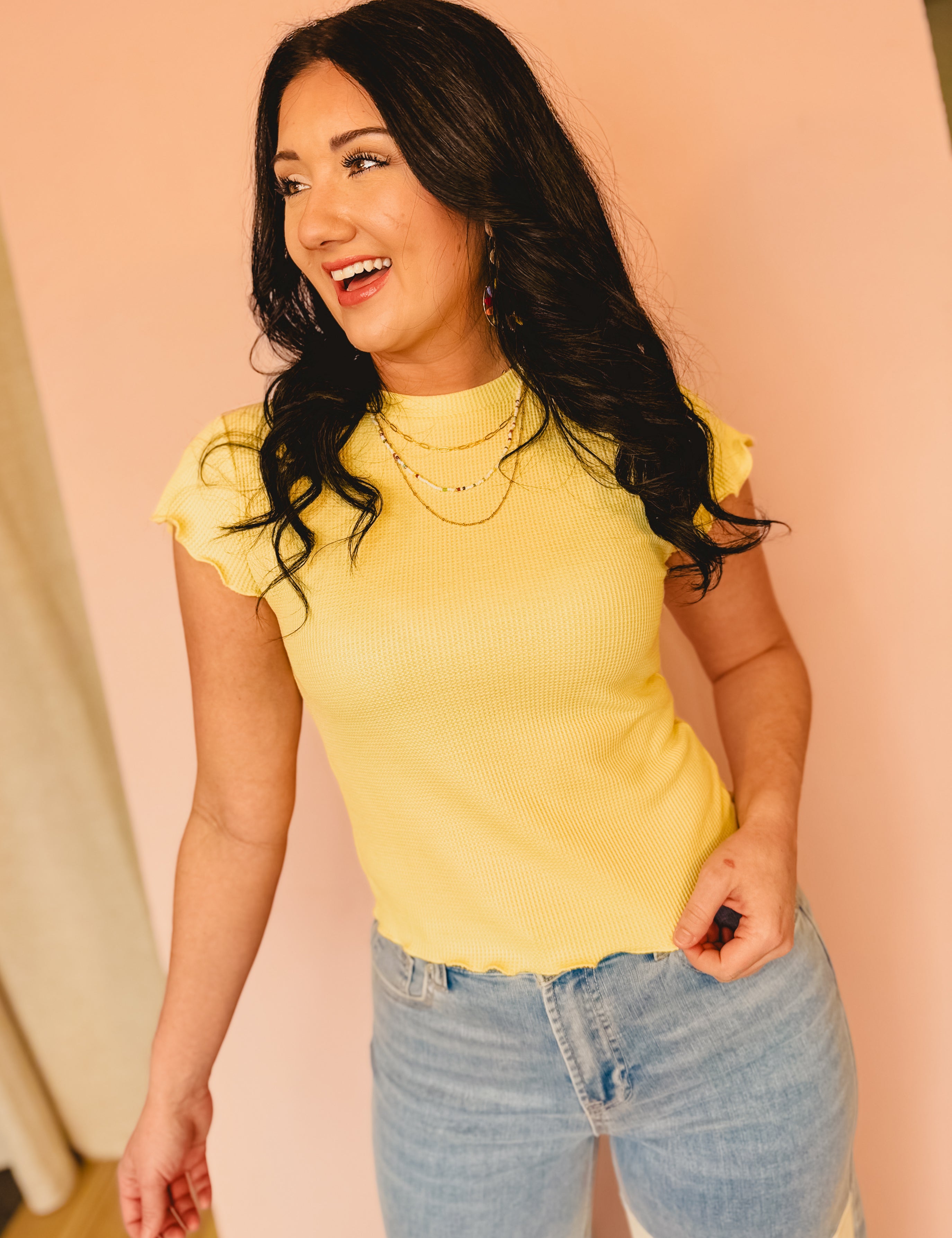 Lettuce Hem Mini Waffle Knit Top - Lemon - Lace and Grace Boutique