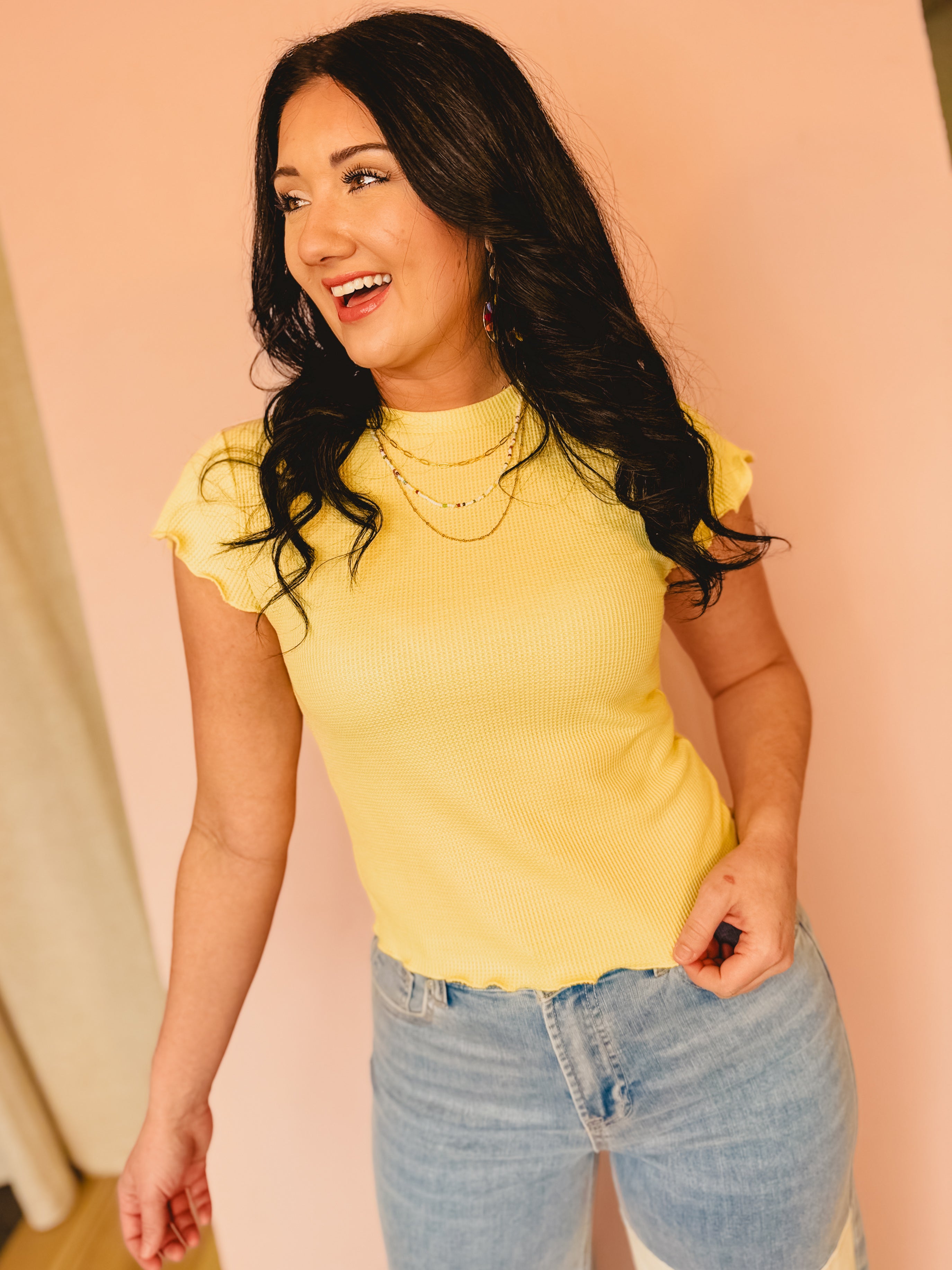 Lettuce Hem Mini Waffle Knit Top - Lemon - Lace and Grace Boutique