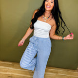 Mixed Gingham Straight Leg Pants - Blue/White - Lace and Grace Boutique