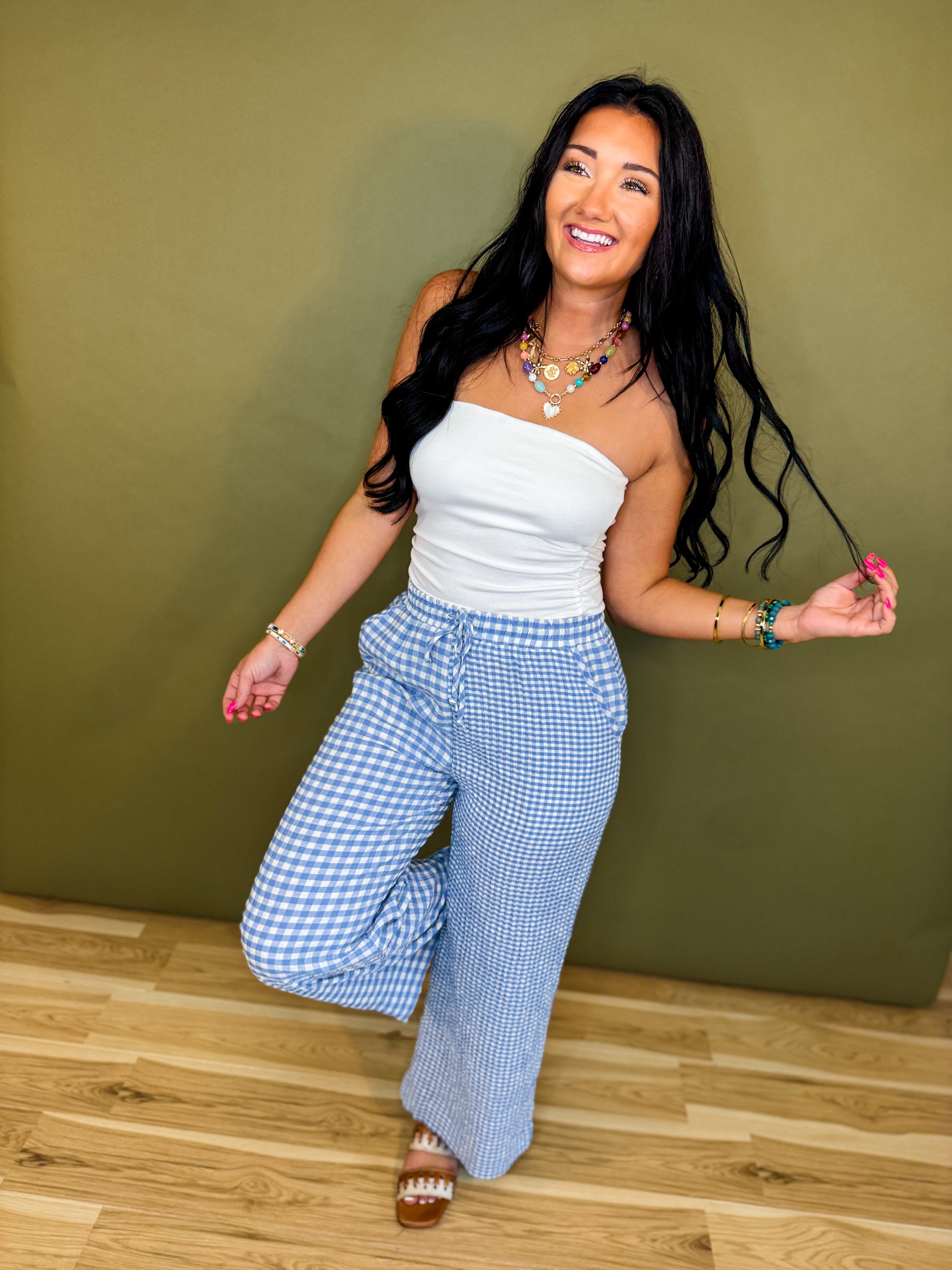Mixed Gingham Straight Leg Pants - Blue/White - Lace and Grace Boutique