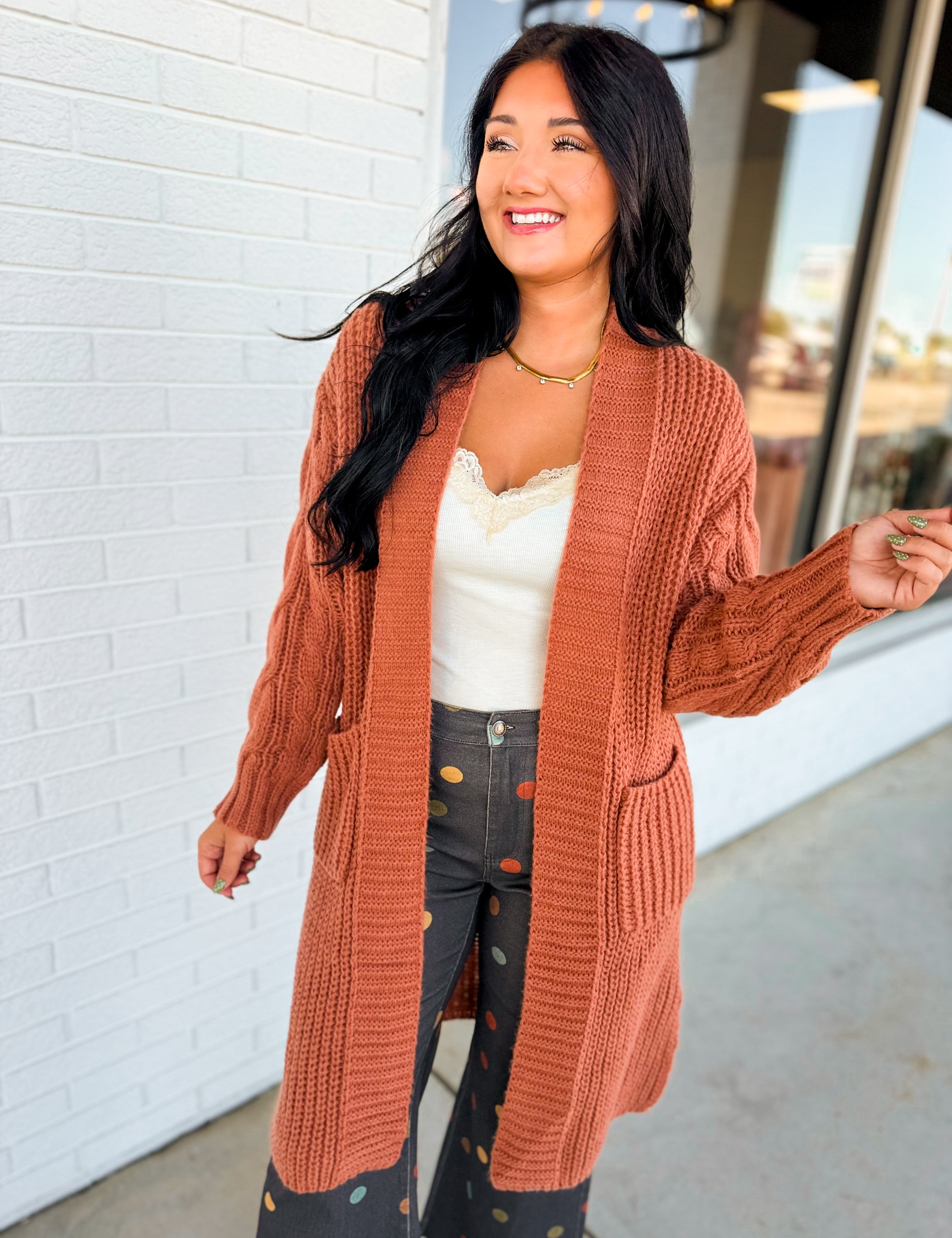 Solid Cable Knit Sleeve Knit Cardigan - Sunburn - Lace and Grace Boutique