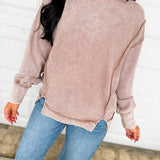 Acid Wash Ribbed Pullover Top - Cocoa
