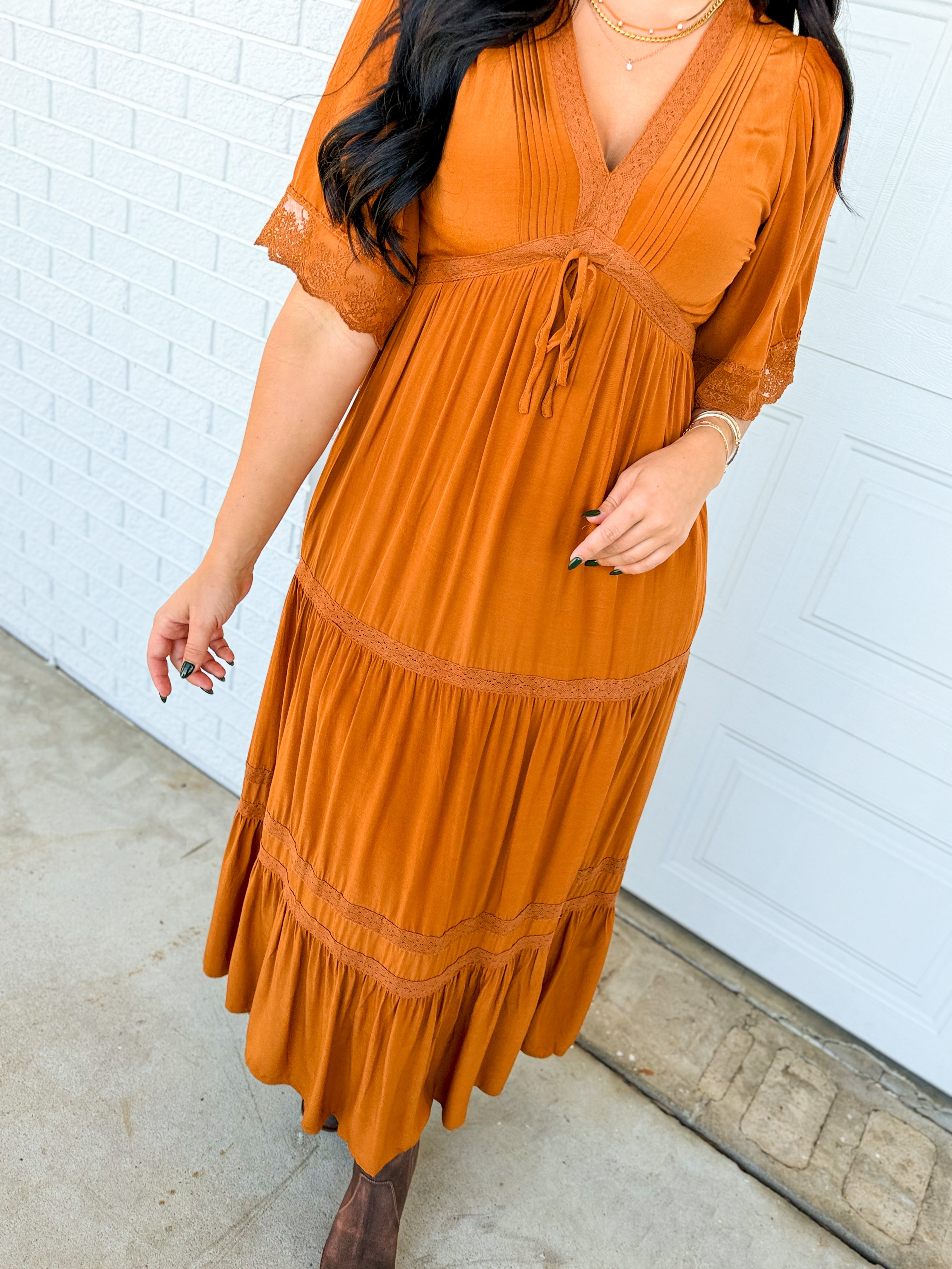 Lace Trim Front Tie Tiered Maxi Dress - Camel - Lace and Grace Boutique