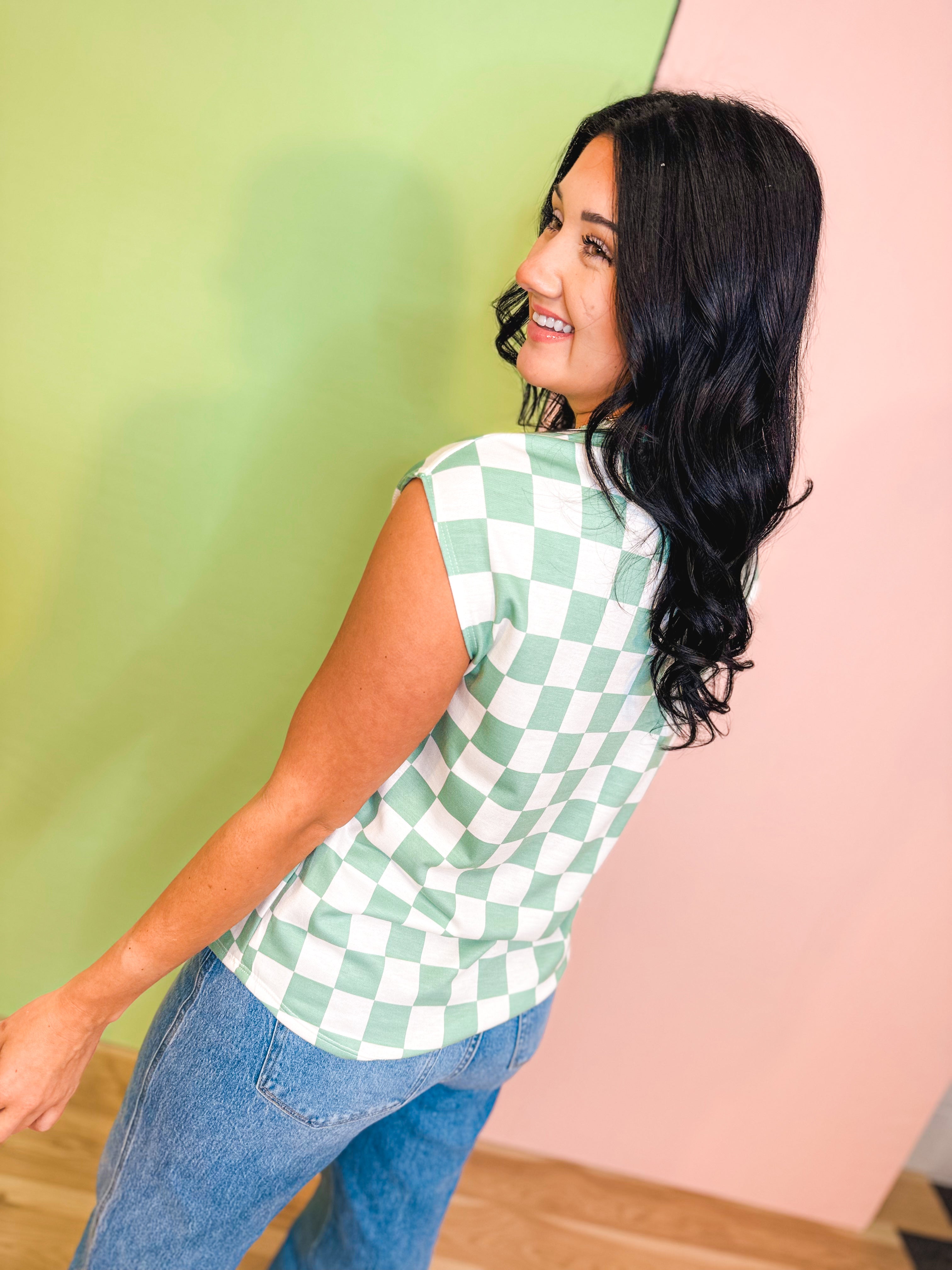 Checkered Print Casual Knit Top - Sage - Lace and Grace Boutique