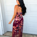Floral Velvet Lace Trim Maxi Dress - Plum - Lace and Grace Boutique