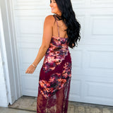 Floral Velvet Lace Trim Maxi Dress - Plum - Lace and Grace Boutique