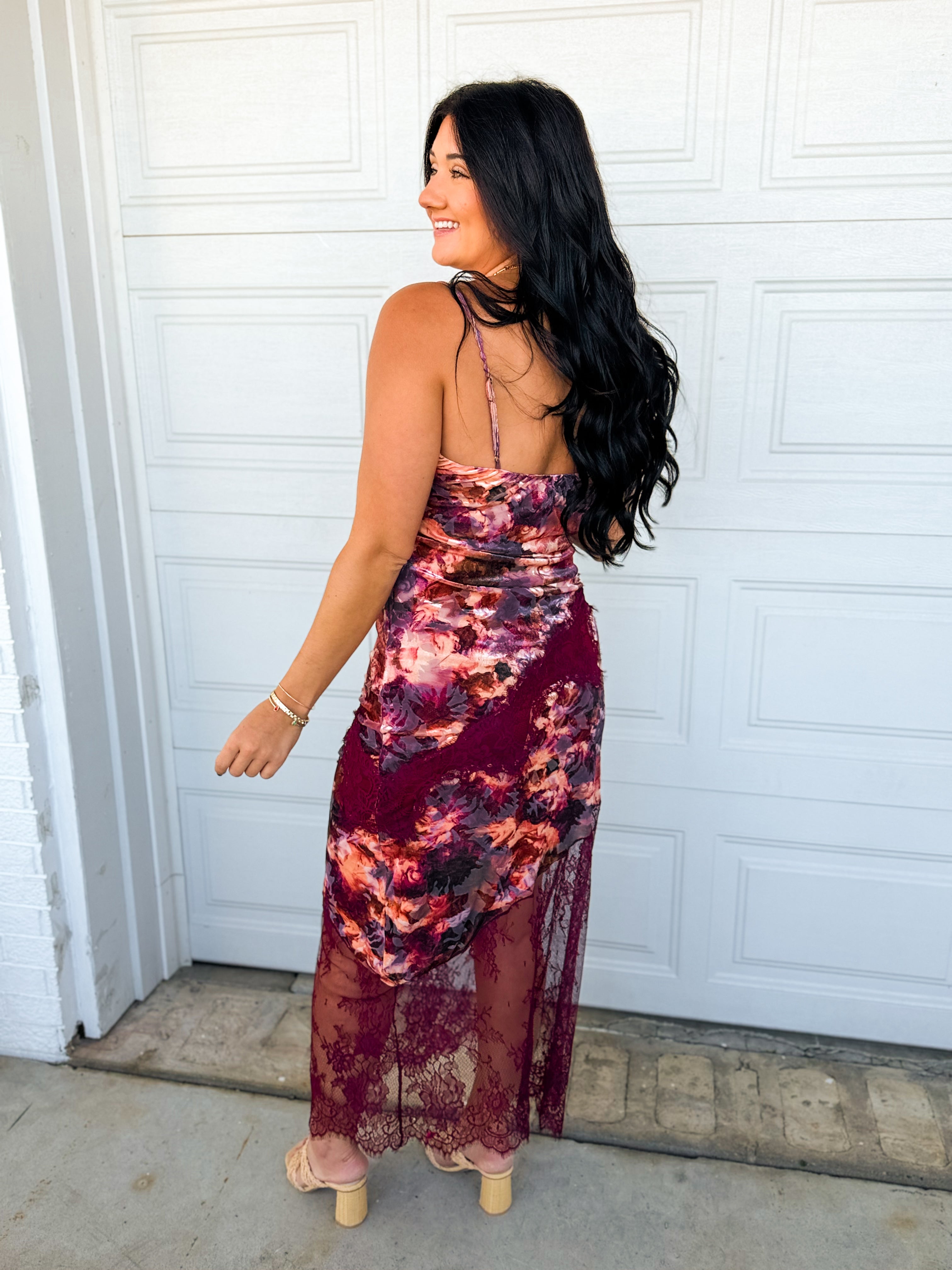Floral Velvet Lace Trim Maxi Dress - Plum - Lace and Grace Boutique