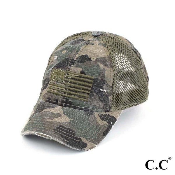 Distressed Embroidered USA Flag Camo Baseball Cap - Lace and Grace Boutique