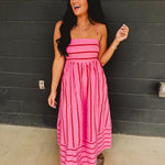 Striped Woven Cotton Flare Midi Dress - Pink Multi - Lace and Grace Boutique