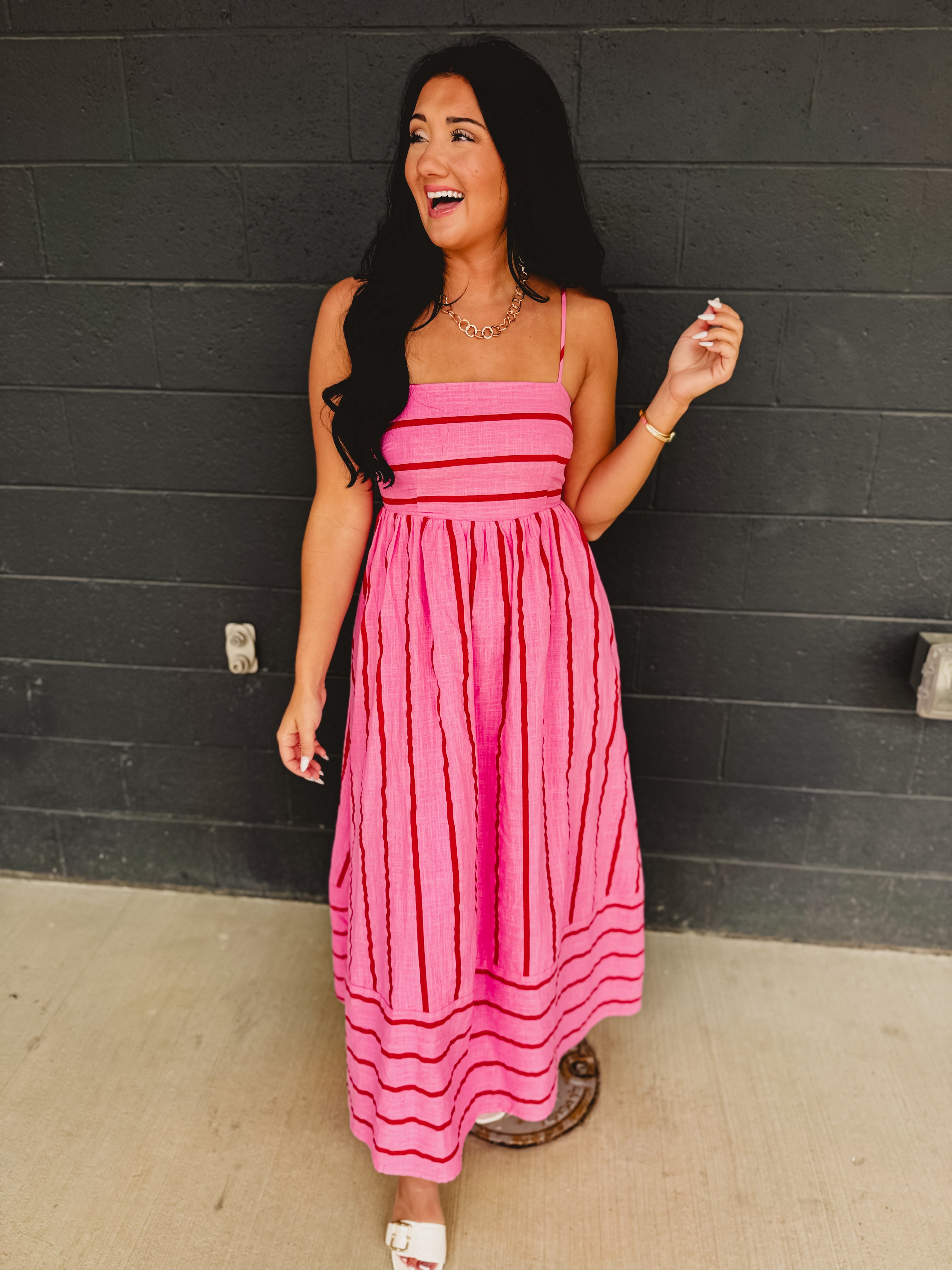 Striped Woven Cotton Flare Midi Dress - Pink Multi - Lace and Grace Boutique