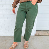 Barrel Leg Low Rise Crop Denim Pants - Dark Olive