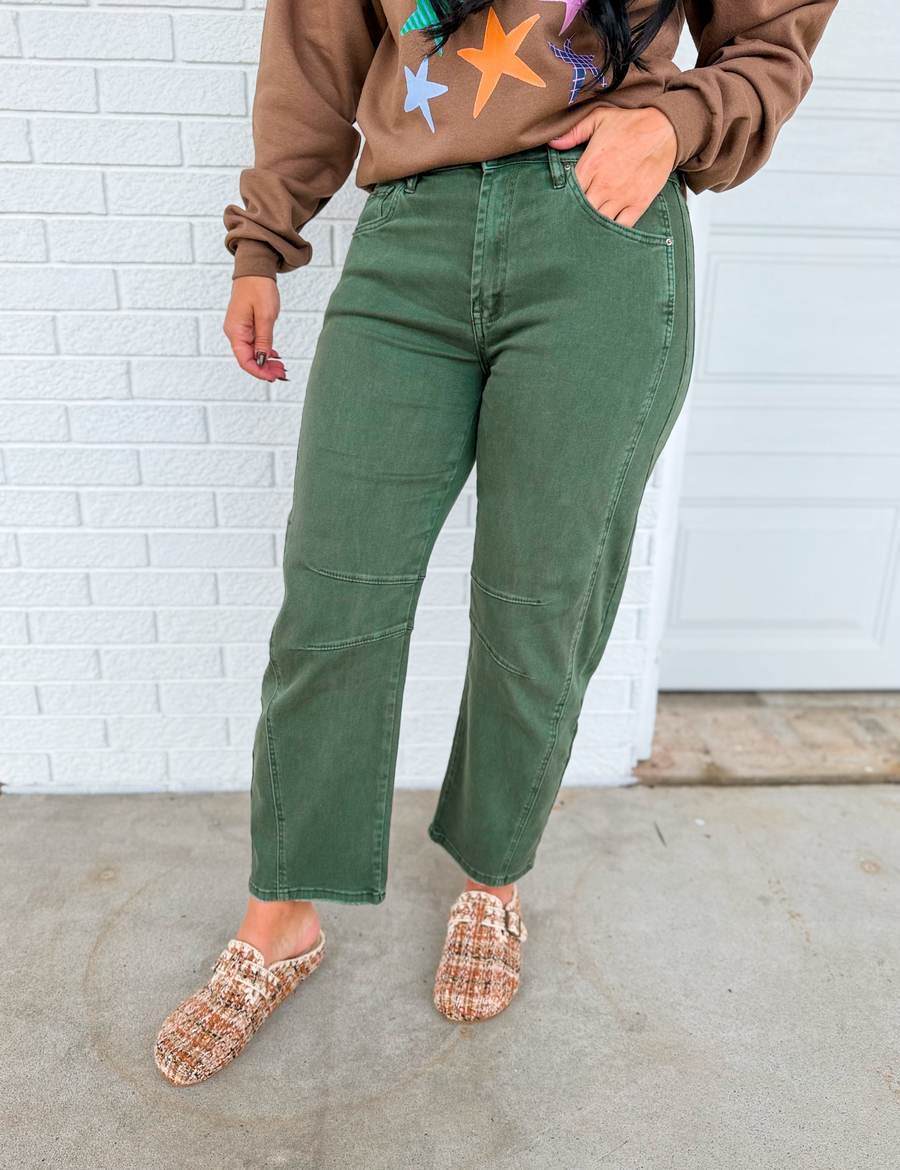 Barrel Leg Low Rise Crop Denim Pants - Dark Olive - Lace and Grace Boutique