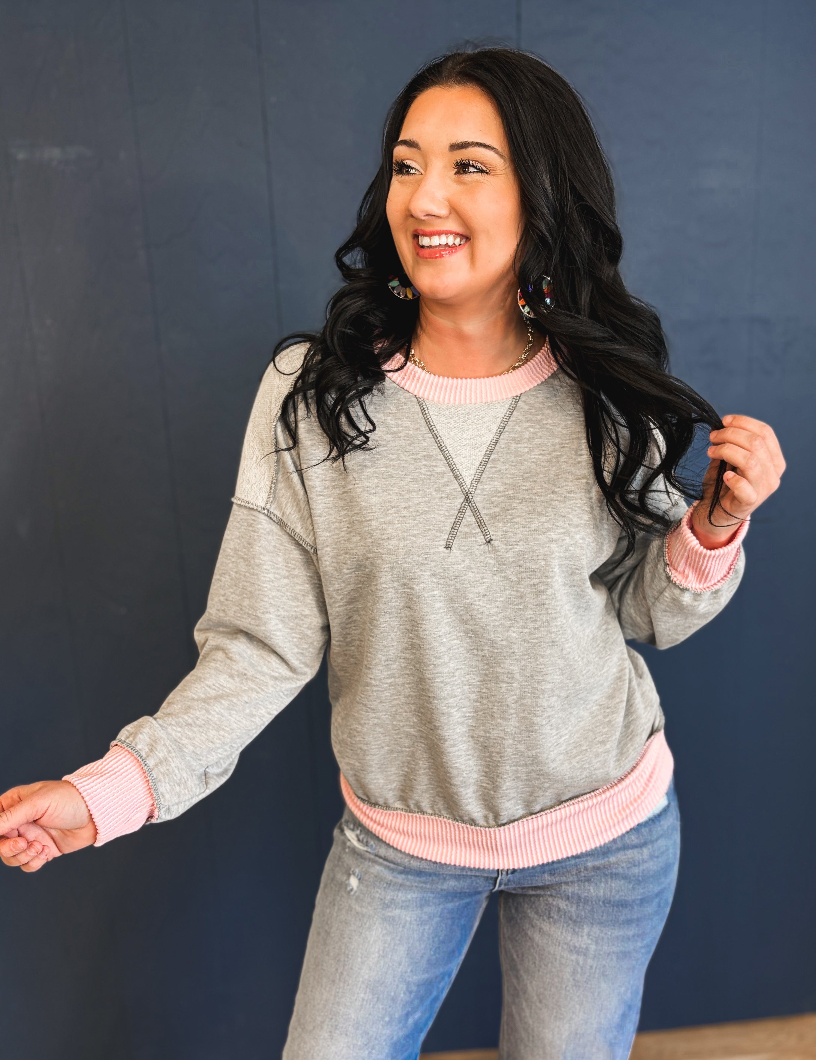 Contrast Trim Exposed Seam Sweatshirt - Heather Grey - Lace and Grace Boutique