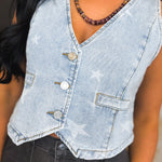 Star Printed Button Front Denim Vest - Denim Blue - Lace and Grace Boutique