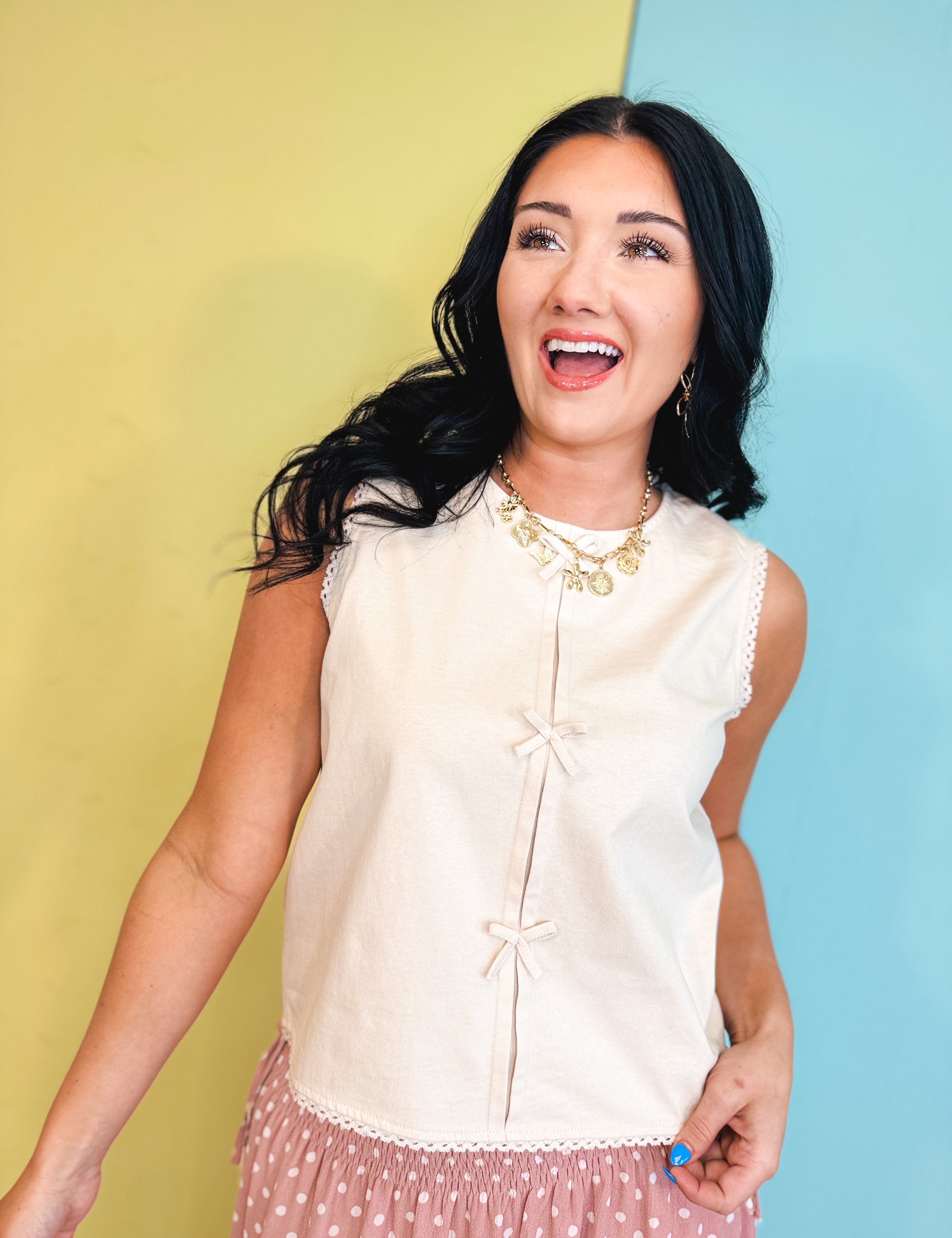 Triple Bow Knit Tank Top - Shell - Lace and Grace Boutique