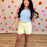 Striped Shoulder Tie Knit Tank Top - Blue/Lemon