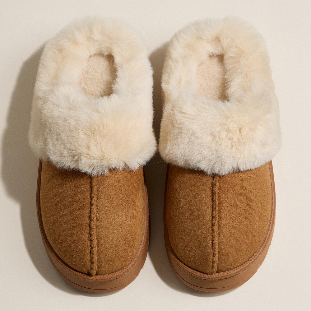 Fur & Suede Cozy Slippers - Brown - Lace and Grace Boutique