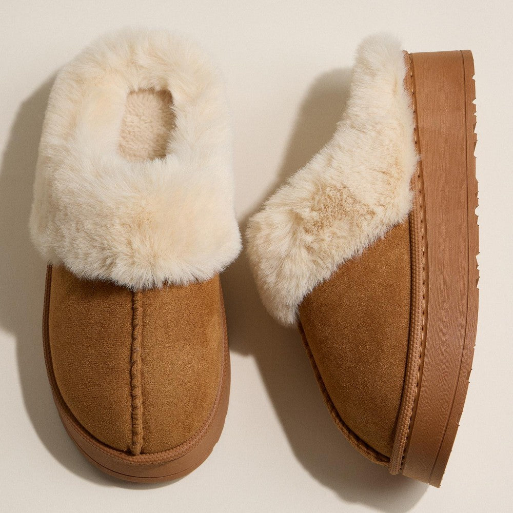 Fur & Suede Cozy Slippers - Brown - Lace and Grace Boutique