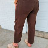 Barrel Leg Low Rise Crop Denim Pants - Dark Brown