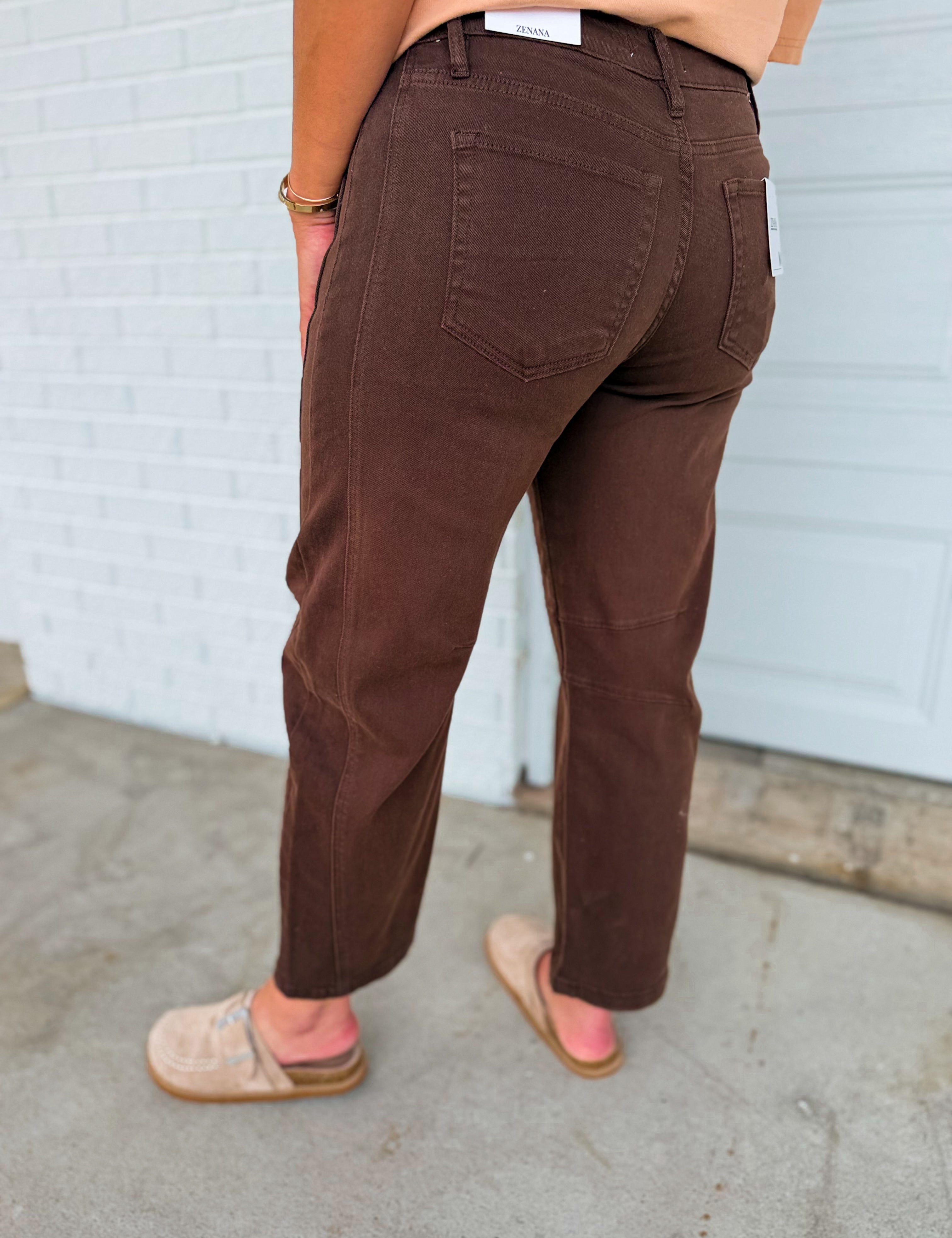 Barrel Leg Low Rise Crop Denim Pants - Dark Brown - Lace and Grace Boutique