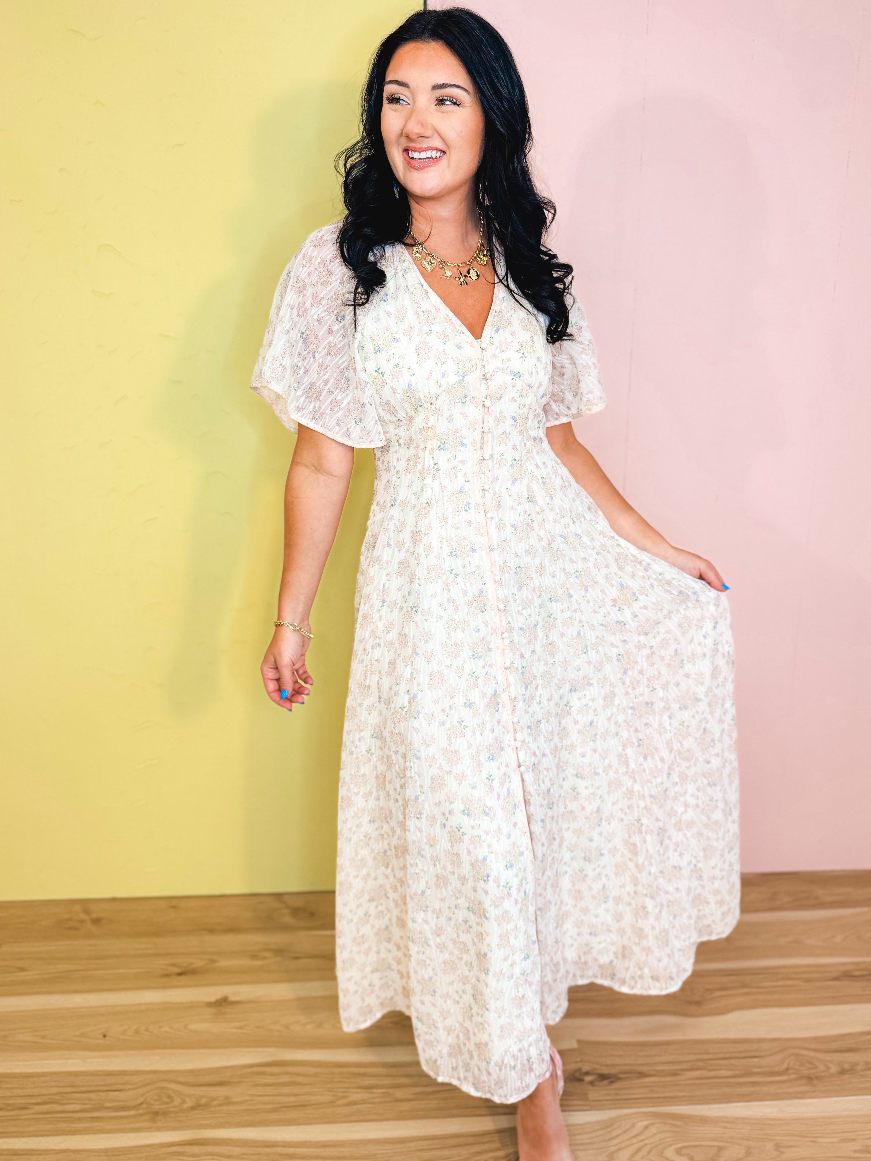 Flowy Flutter Sleeve Maxi Dress - Vintage Cream - Lace and Grace Boutique