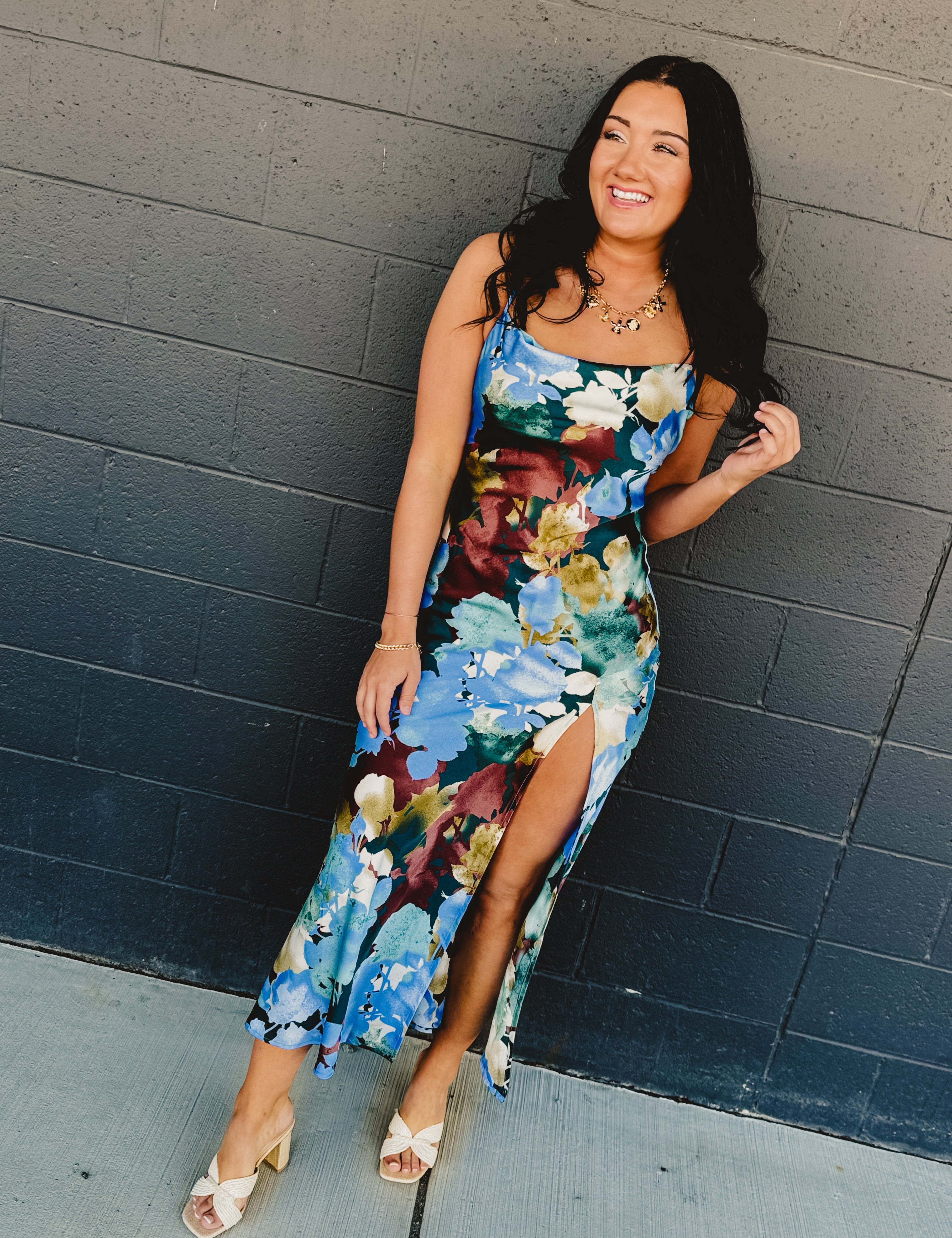 Floral Satin Slip Maxi Dress - Blue Multi - Lace and Grace Boutique