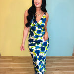 Floral Print Bias-Cut Textured V-Neck Maxi Dress - Blue - Lace and Grace Boutique