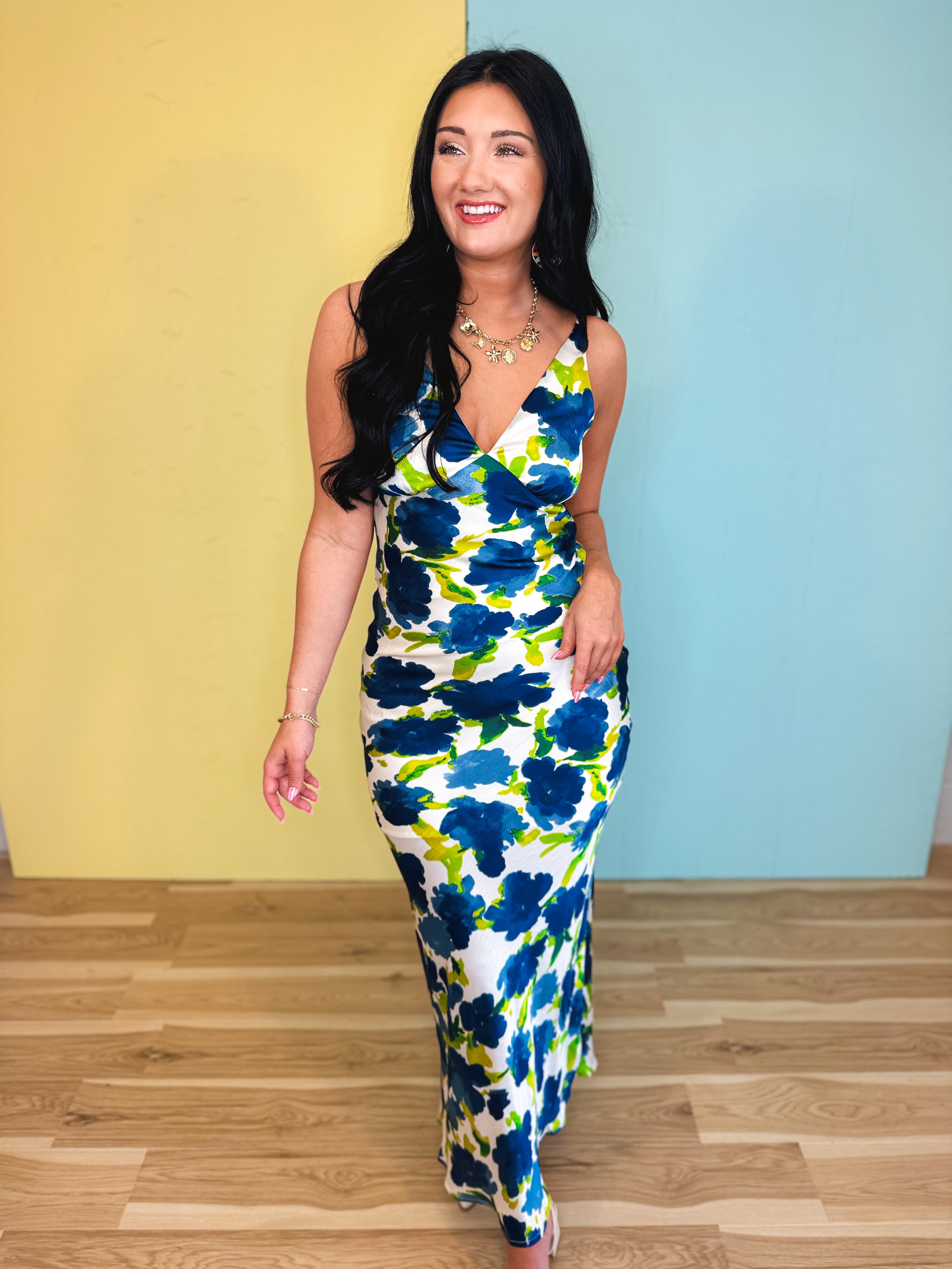 Floral Print Bias-Cut Textured V-Neck Maxi Dress - Blue - Lace and Grace Boutique