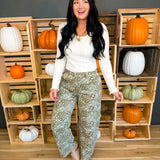 Paisley Print Relaxed Fit Barrel Pants - Antique Olive - Lace and Grace Boutique