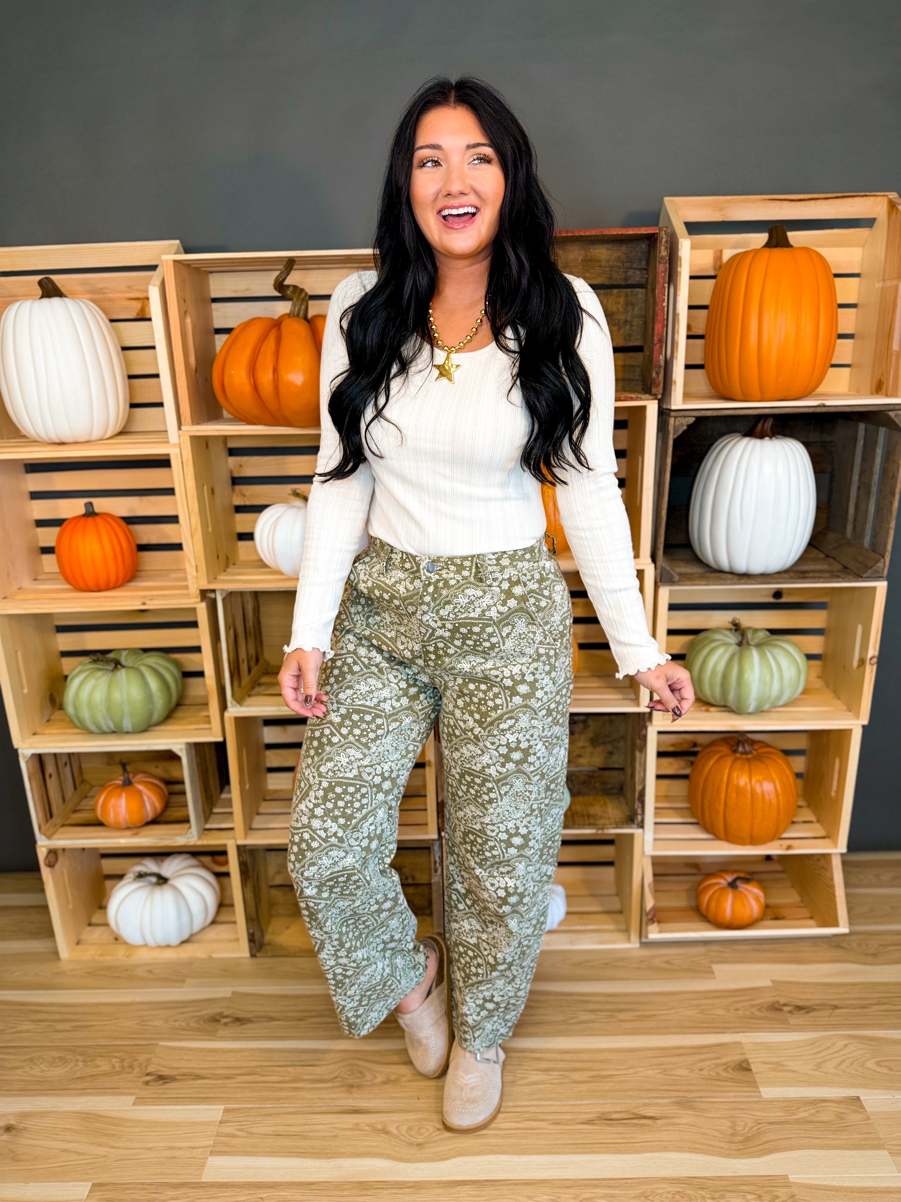 Paisley Print Relaxed Fit Barrel Pants - Antique Olive - Lace and Grace Boutique