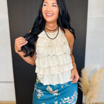 Tiered Ruffle Textured Knit Halter Top - Natural - Lace and Grace Boutique