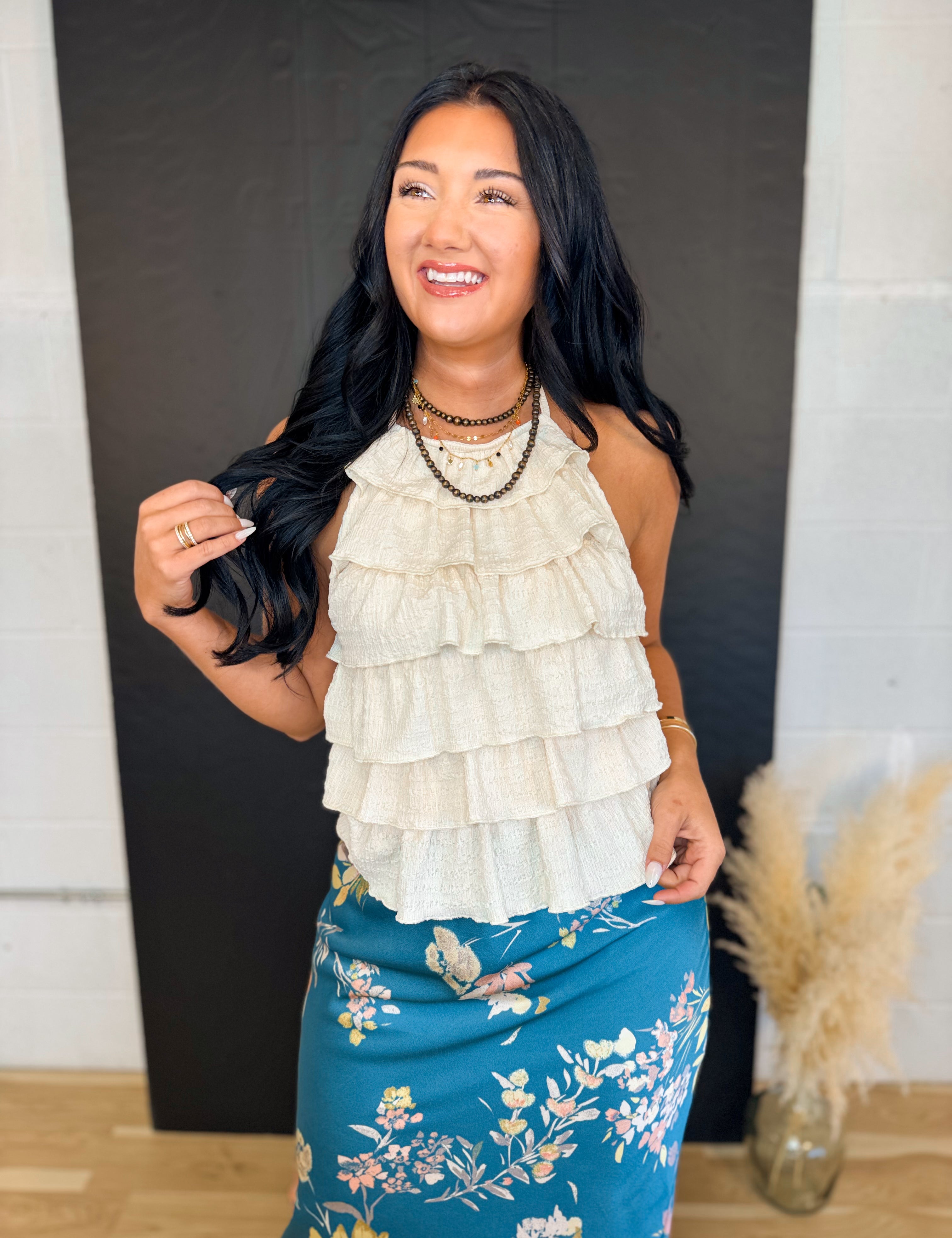 Tiered Ruffle Textured Knit Halter Top - Natural - Lace and Grace Boutique