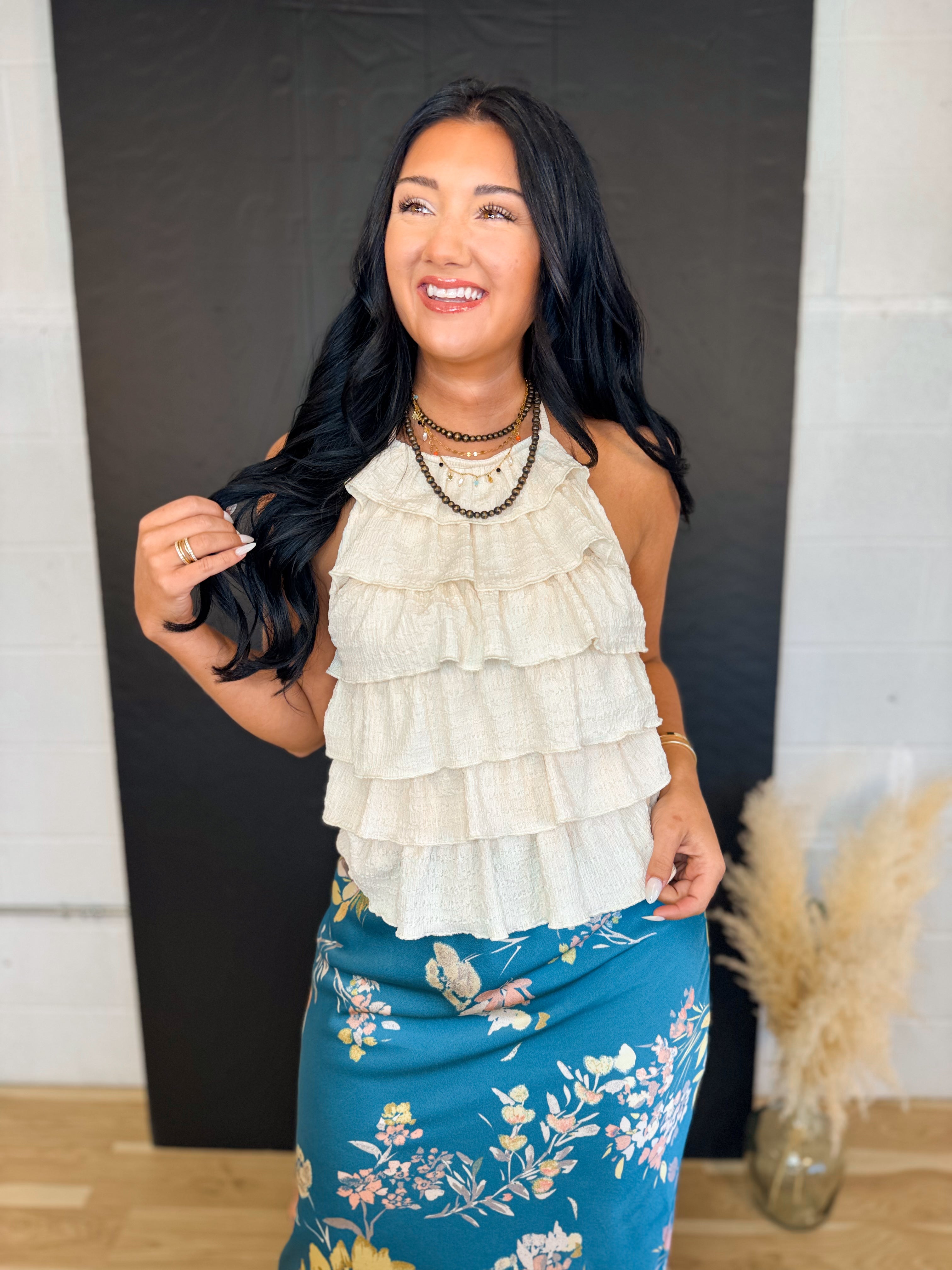 Tiered Ruffle Textured Knit Halter Top - Natural - Lace and Grace Boutique
