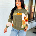 Bubble Sleeve Ribbed Patchwork Knit Top - Olive - Lace and Grace Boutique