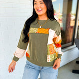 Bubble Sleeve Ribbed Patchwork Knit Top - Olive - Lace and Grace Boutique