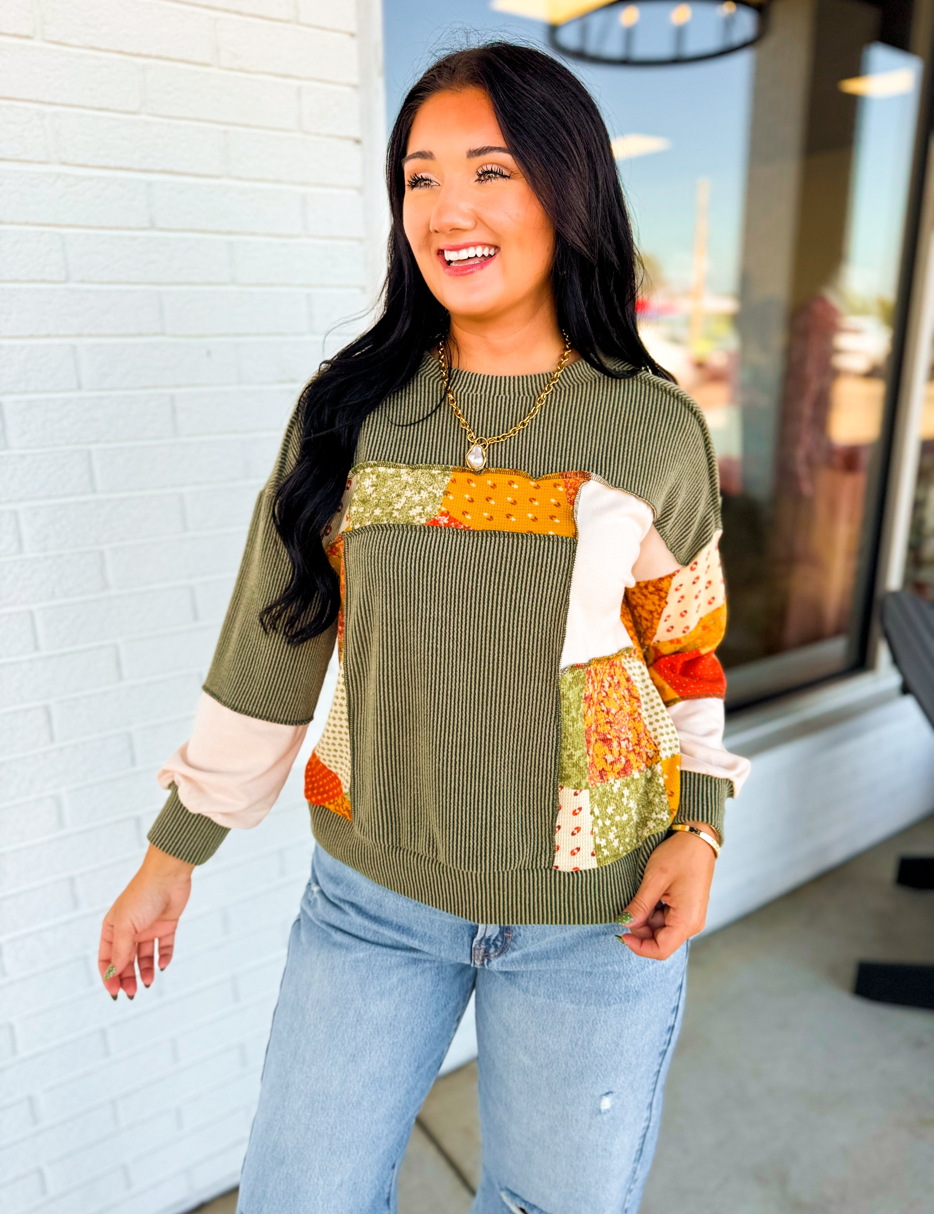 Bubble Sleeve Ribbed Patchwork Knit Top - Olive - Lace and Grace Boutique