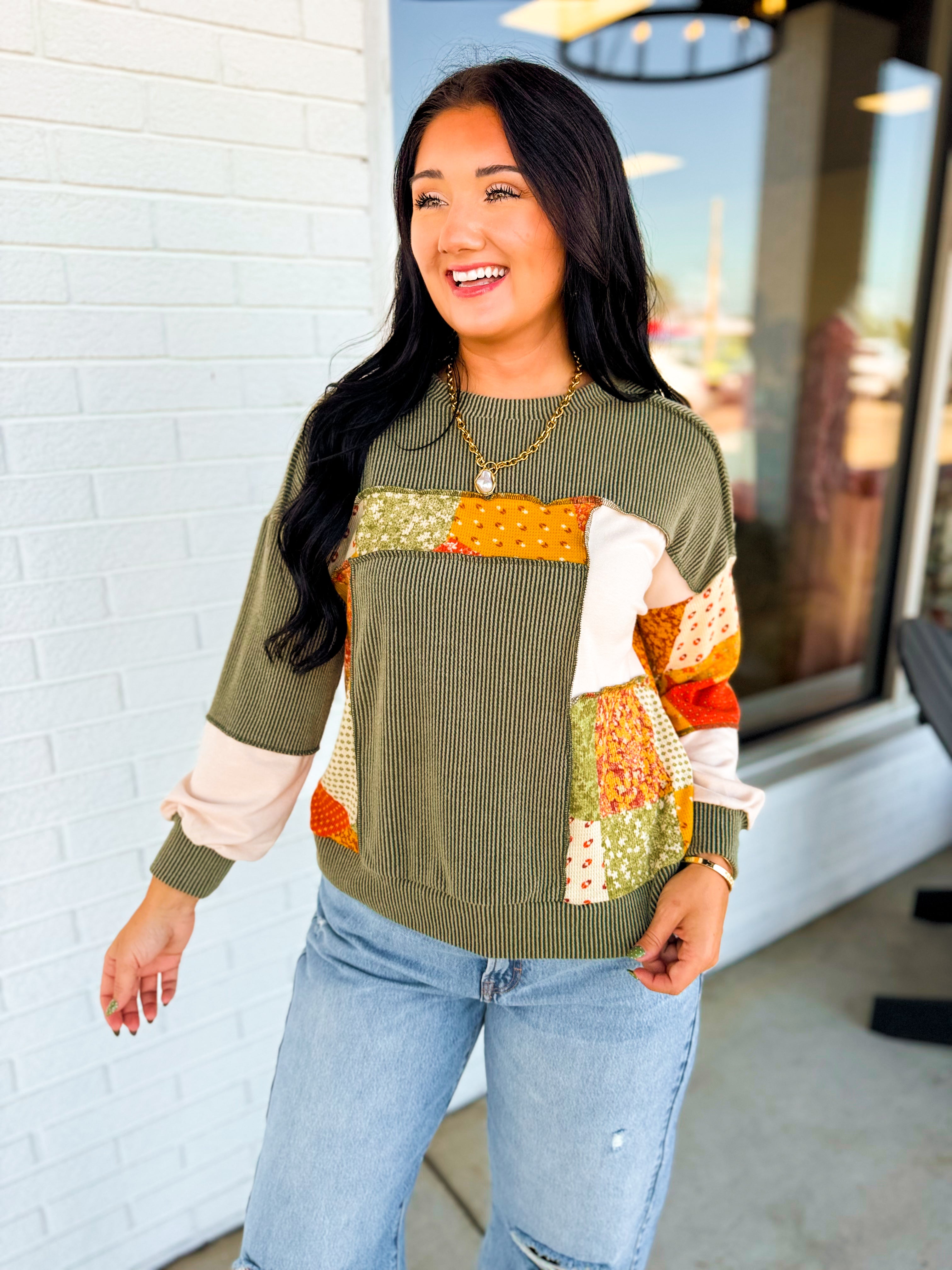 Bubble Sleeve Ribbed Patchwork Knit Top - Olive - Lace and Grace Boutique