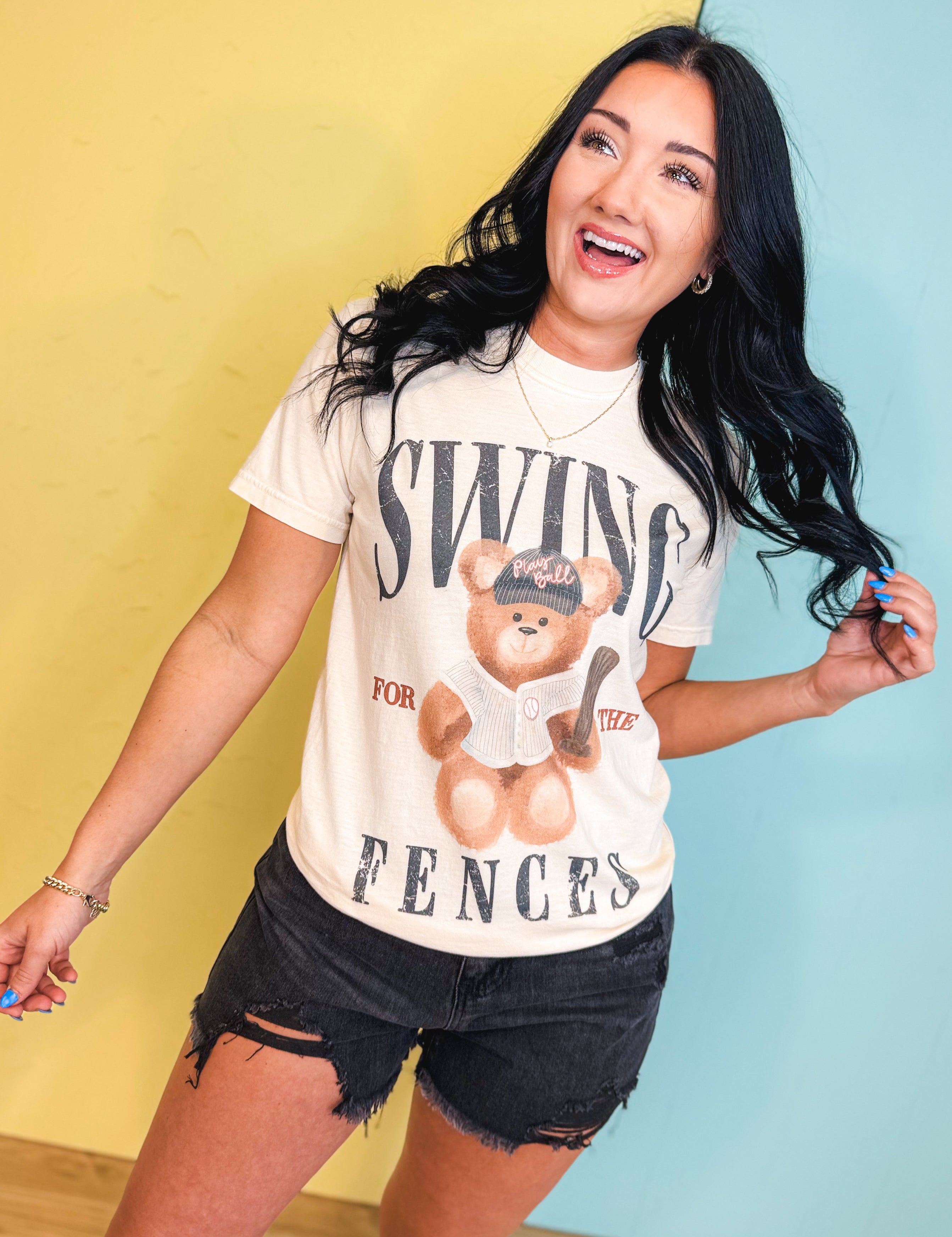 Swing Over Fences Teddy Baseball Graphic Tee - Ivory - Lace and Grace Boutique