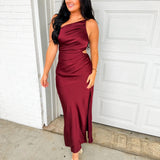 Satin One Shoulder Ruched Maxi Dress - Burgundy